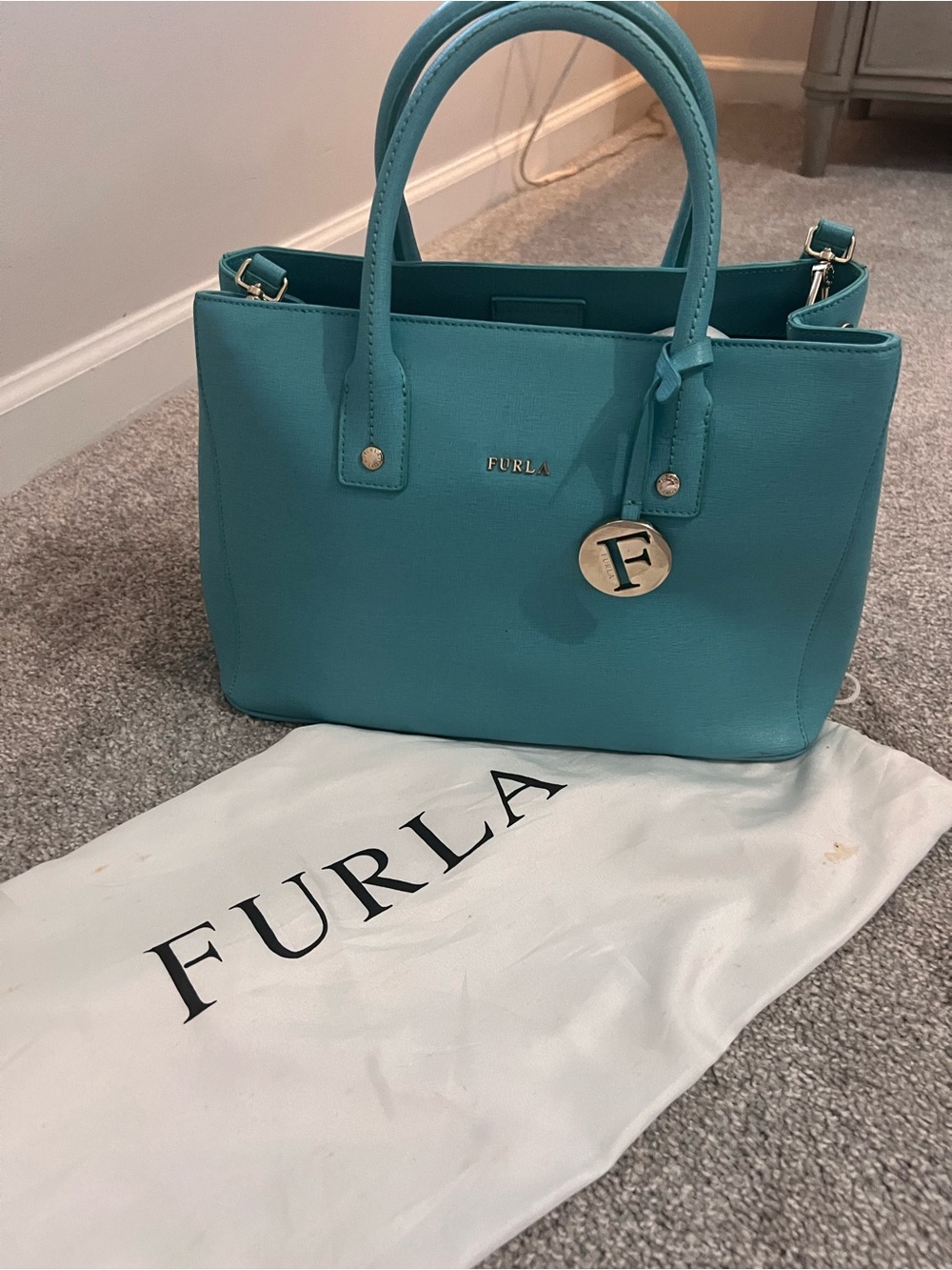 Furla Teal Saffiano Leather Satchel with Gold Charm